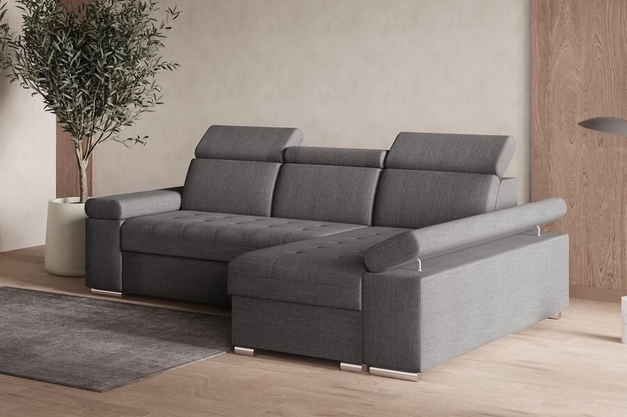 AJE Meubles B.V. Hoekbank L met slaapfunctie verstelbare hoofdsteunen & bedlade – Moderne slaapbank met opbergruimte – Hoekbank Luka L – Grijs (Twist 20) – Rechts