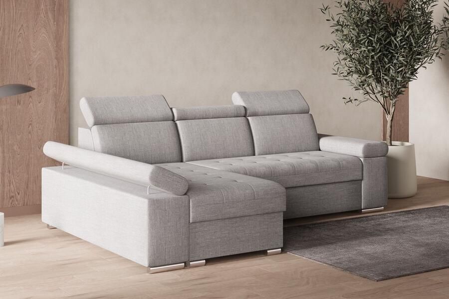 AJE Meubles B.V. Hoekbank L met slaapfunctie verstelbare hoofdsteunen & bedlade – Moderne slaapbank met opbergruimte – Hoekbank Luka L – Lichtgrijs (Twist 19) – Links