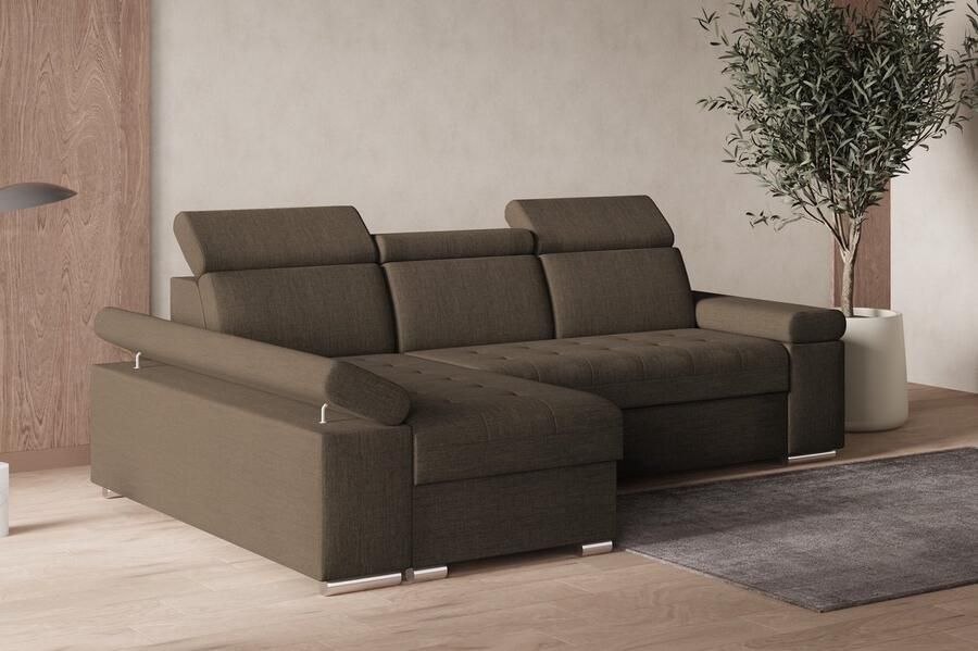 AJE Meubles B.V. Hoekbank L met slaapfunctie verstelbare hoofdsteunen & bedlade – Moderne slaapbank met opbergruimte – Hoekbank Luka L – Bruin (Twist 06) – Links
