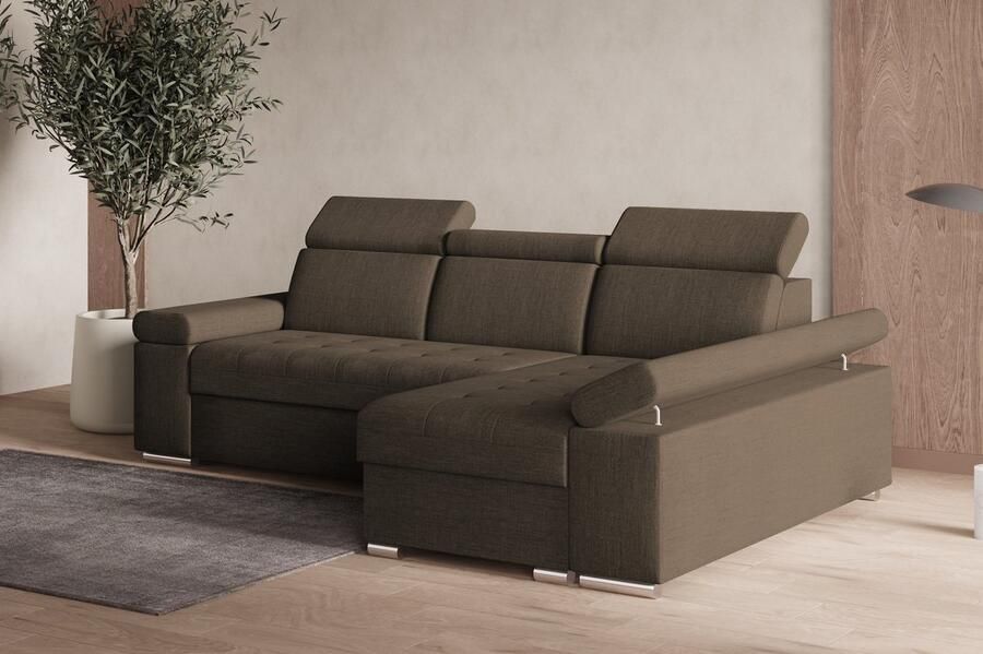 AJE Meubles B.V. Hoekbank L met slaapfunctie verstelbare hoofdsteunen & bedlade – Moderne slaapbank met opbergruimte – Hoekbank Luka L – Bruin (Twist 06) – Rechts