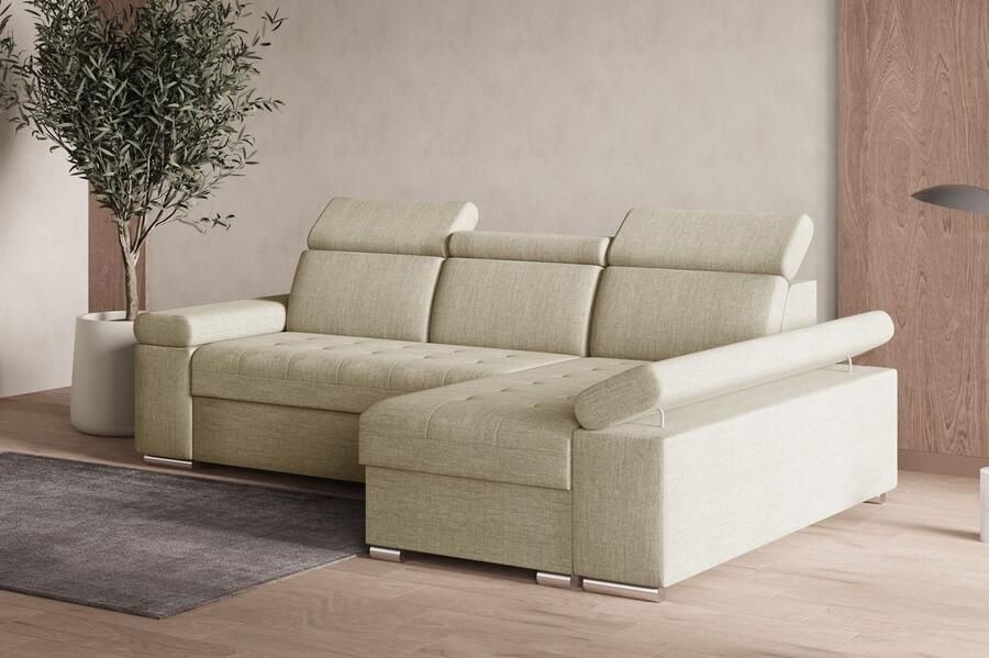 AJE Meubles B.V. Hoekbank L met slaapfunctie verstelbare hoofdsteunen & bedlade – Moderne slaapbank met opbergruimte – Hoekbank Luka L – Beige (Twist 01) – Rechts