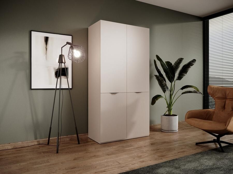 AJE Meubles B.V. Kledingkast MINEWRA NOVA 100 – 2-deurs – Garderobekast slaapkamer – Draaideurkast vouwdeurkast met legplanken en kledingroede – Beige