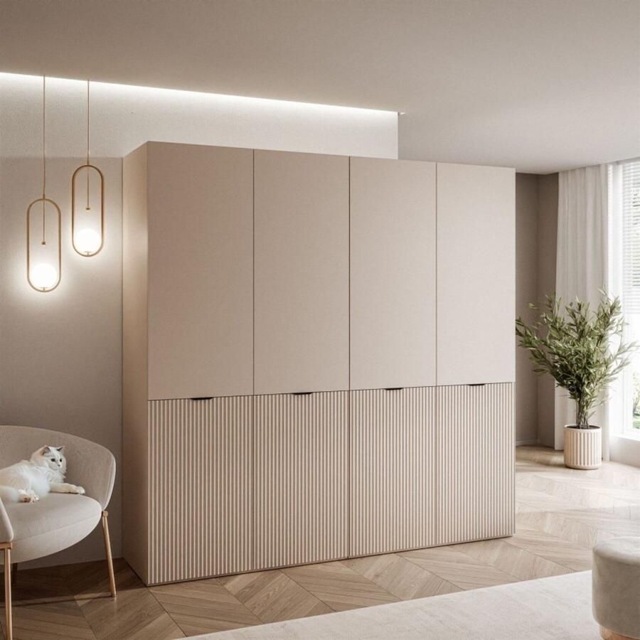 AJE Meubles B.V. Kledingkast MINEWRA NOVA 200 – 4-deurs – Garderobekast slaapkamer – Draaideurkast vouwdeurkast met legplanken en kledingroede – Beige