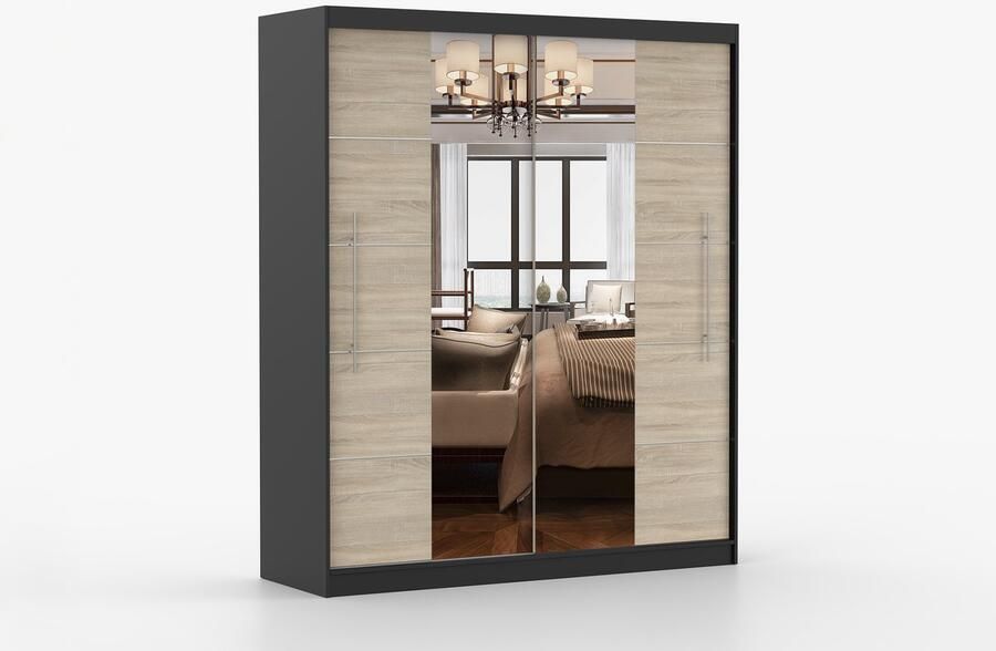 AJE Meubles B.V. ​Kledingkast NICO III 203 cm 2-deurs schuifdeurkast met spiegel en decoratieve lijsten Garderobekast met ruime opbergruimte Moderne kast voor slaapkamer en hal (Zwart + Sonoma)