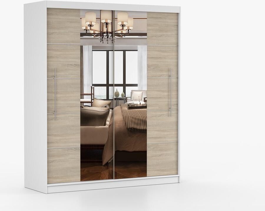 AJE Meubles B.V. ​Kledingkast NICO III 203 cm 2-deurs schuifdeurkast met spiegel en decoratieve lijsten Garderobekast met ruime opbergruimte Moderne kast voor slaapkamer en hal (Wit + Sonoma)