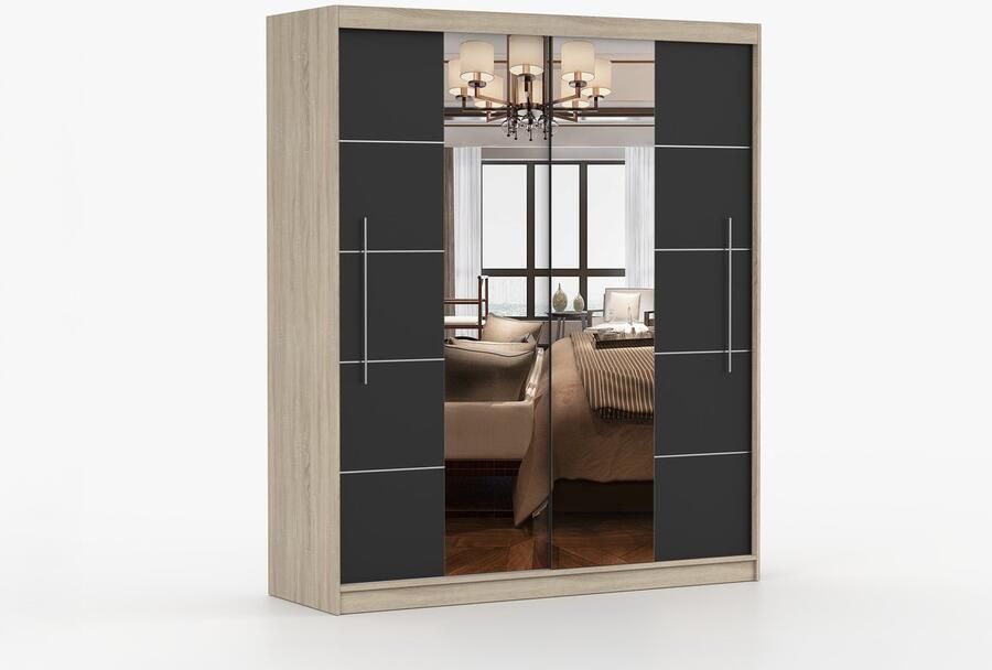 AJE Meubles B.V. ​Kledingkast NICO III 203 cm 2-deurs schuifdeurkast met spiegel en decoratieve lijsten Garderobekast met ruime opbergruimte Moderne kast voor slaapkamer en hal (Sonoma + Zwart)
