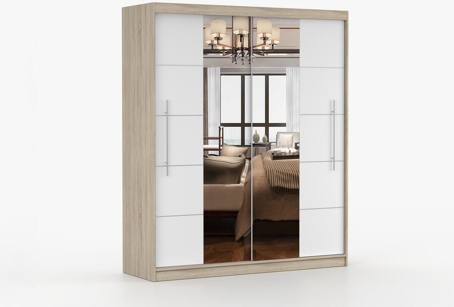 AJE Meubles B.V. ​Kledingkast NICO III 203 cm 2-deurs schuifdeurkast met spiegel en decoratieve lijsten Garderobekast met ruime opbergruimte Moderne kast voor slaapkamer en hal (Sonoma + Wit)