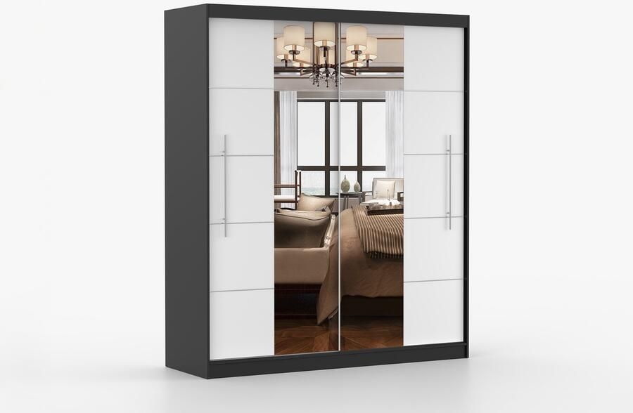 AJE Meubles B.V. ​Kledingkast NICO III 203 cm 2-deurs schuifdeurkast met spiegel en decoratieve lijsten Garderobekast met ruime opbergruimte Moderne kast voor slaapkamer en hal (Zwart + Wit)