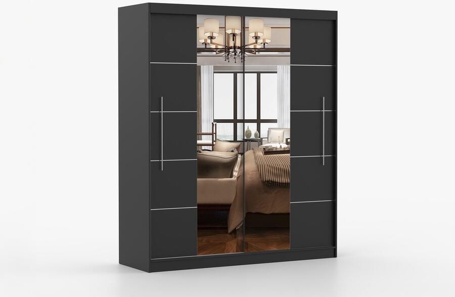 AJE Meubles B.V. ​Kledingkast NICO III 203 cm 2-deurs schuifdeurkast met spiegel en decoratieve lijsten Garderobekast met ruime opbergruimte Moderne kast voor slaapkamer en hal (Zwart)