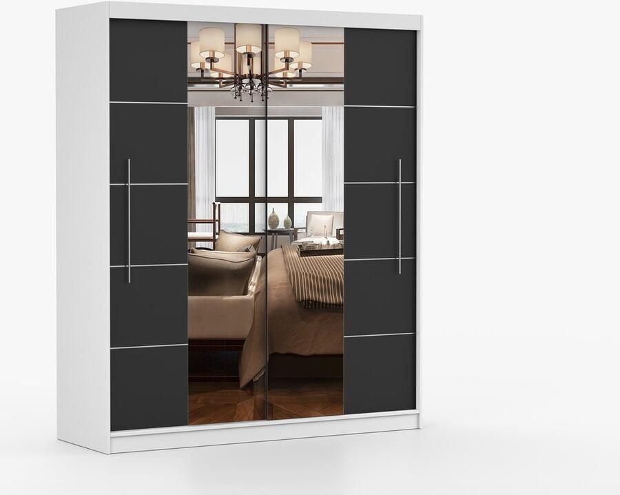 AJE Meubles B.V. ​Kledingkast NICO III 203 cm 2-deurs schuifdeurkast met spiegel en decoratieve lijsten Garderobekast met ruime opbergruimte Moderne kast voor slaapkamer en hal (Wit + Zwart)