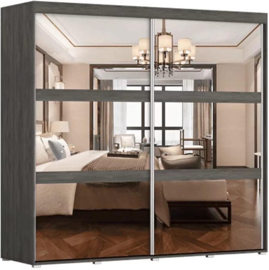 AJE Meubles B.V. Kledingkast Philipa 230 cm 2-deurs schuifdeurkast met spiegel en zwarte grenen panelen Moderne garderobekast voor slaapkamer en woonkamer