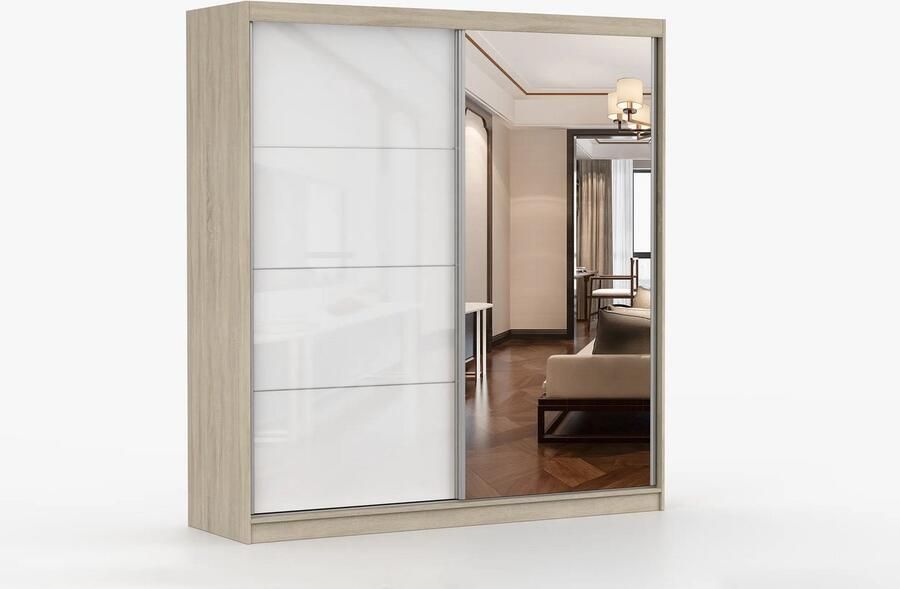 AJE Meubles B.V. Kledingkast Posa 35 2-deurs schuifdeurkast met spiegel 3 lades en kledingstang Garderobekast voor slaapkamer hal en woonkamer Moderne kast met ruime opbergruimte (Sonoma + Wit)