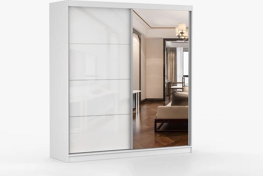 AJE Meubles B.V. Kledingkast Posa 35 2-deurs schuifdeurkast met spiegel 3 lades en kledingstang Garderobekast voor slaapkamer hal en woonkamer Moderne kast met ruime opbergruimte (Wit)