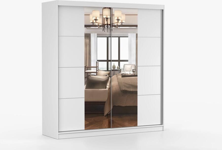 AJE Meubles B.V. Kledingkast Posa 38 2-deurs schuifdeurkast met spiegel 3 lades en kledingstang Garderobekast voor slaapkamer en hal Moderne kast met ruime opbergruimte (Wit)