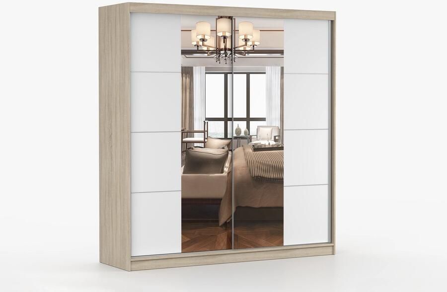 AJE Meubles B.V. Kledingkast Posa 38 2-deurs schuifdeurkast met spiegel 3 lades en kledingstang Garderobekast voor slaapkamer en hal Moderne kast met ruime opbergruimte (Sonoma + Wit)