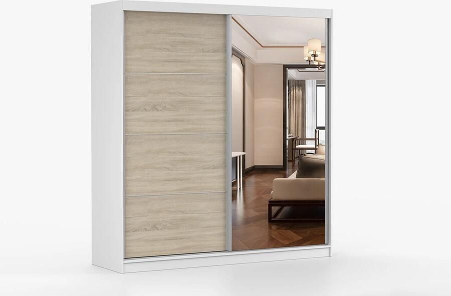 AJE Meubles B.V. Kledingkast Posa 42 2-deurs schuifdeurkast met spiegel 3 lades en kledingstang Garderobekast voor slaapkamer hal en woonkamer Moderne kast met ruime opbergruimte (Wit + Sonoma)