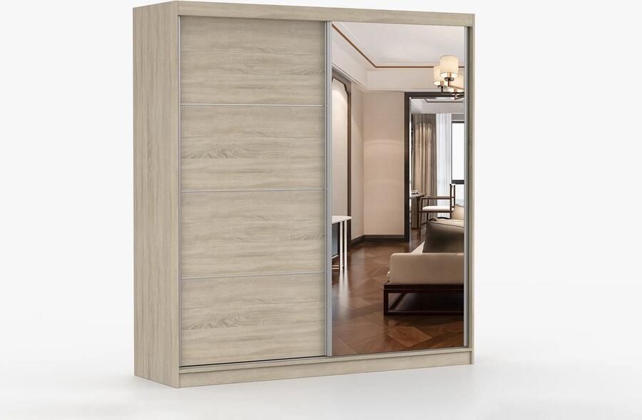 AJE Meubles B.V. Kledingkast Posa 42 2-deurs schuifdeurkast met spiegel 3 lades en kledingstang Garderobekast voor slaapkamer hal en woonkamer Moderne kast met ruime opbergruimte (Sonoma)