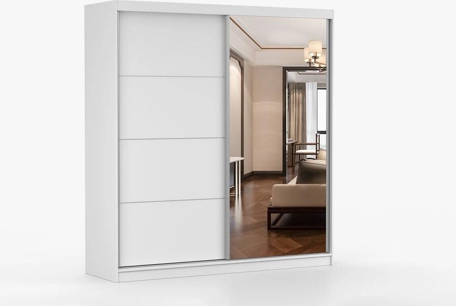 AJE Meubles B.V. Kledingkast Posa 42 2-deurs schuifdeurkast met spiegel 3 lades en kledingstang Garderobekast voor slaapkamer hal en woonkamer Moderne kast met ruime opbergruimte (Wit)