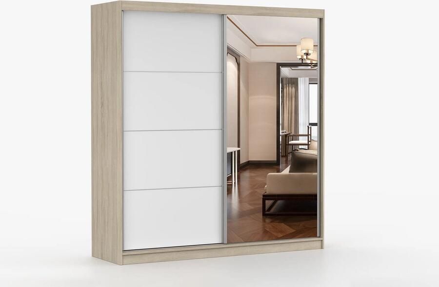 AJE Meubles B.V. Kledingkast Posa 42 2-deurs schuifdeurkast met spiegel 3 lades en kledingstang Garderobekast voor slaapkamer hal en woonkamer Moderne kast met ruime opbergruimte (Sonoma + Wit)