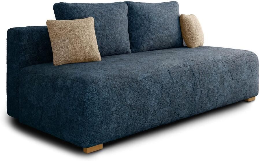 AJE Meubles B.V. Slaapbank MOSS met bedfunctie en opbergruimte – Boucléstof – 200x90x100 cm – met rugkussens en stevig frame Donkerblauw + Beige (Arena 22 + Arena 2 kussens)