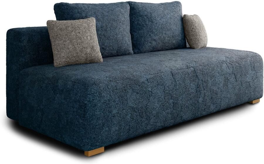 AJE Meubles B.V. Slaapbank MOSS met bedfunctie en opbergruimte – Boucléstof – 200x90x100 cm – met rugkussens en stevig frame Donkerblauw + Grijs (Arena 22 + Arena 17 kussens)