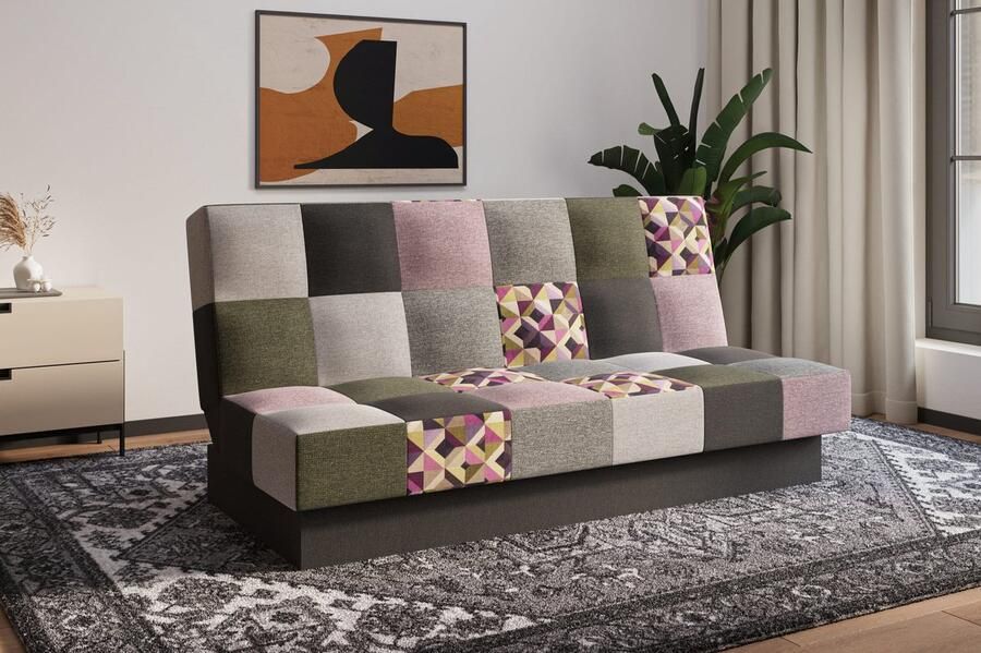 AJE Meubles B.V. Slaapbank sofa met slaapfunctie en opbergruimte moderne bank 3-zits Slaapbank Cyprus patchwork Roze + Olijf Bragi 28 34 77 91 16 + M102