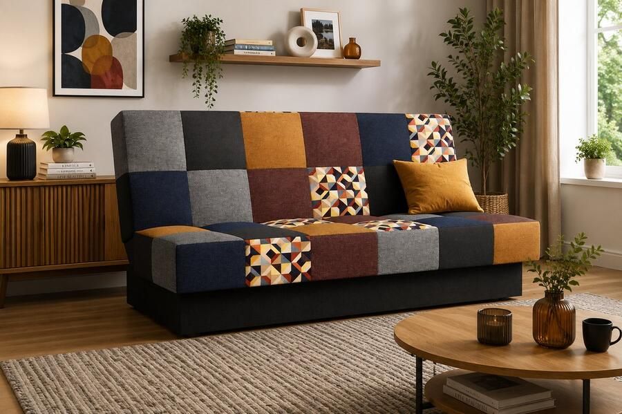 AJE Meubles B.V. Slaapbank sofa met slaapfunctie en opbergruimte moderne bank 3-zits Slaapbank Cyprus patchwork Bordeau + Geel Bragi 86 68 92 34 16 + M103 - Foto 2