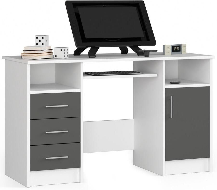 Akord Bureau ANA met 3 Laden Computerbureau Computer Tafel Bureautafel Wit Grafietgrijs 124 x 77 x 85 cm