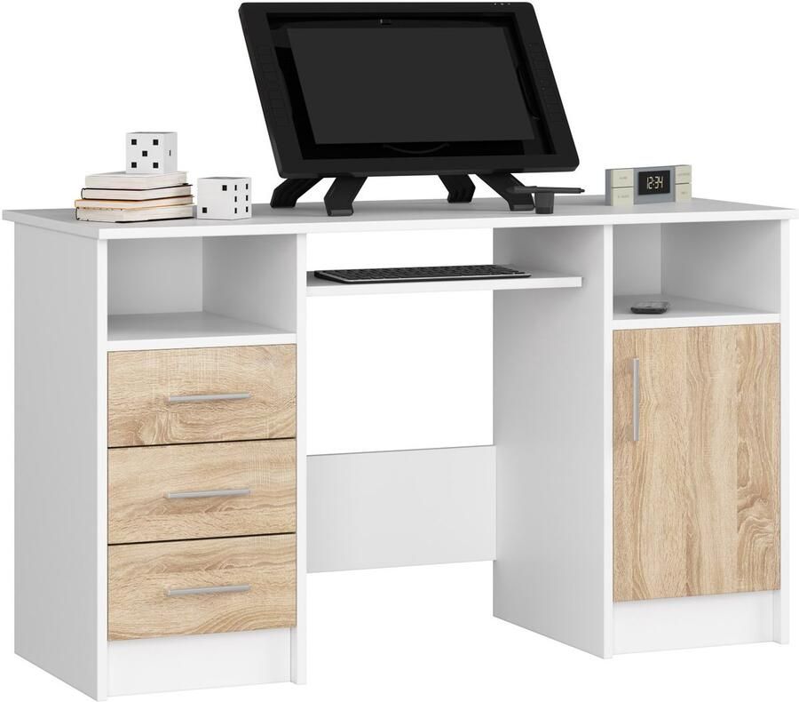 Akord Bureau ANA met 3 Laden Computerbureau Computer Tafel Bureautafel Wit – Sonoma Eik 124 x 77 x 52 cm