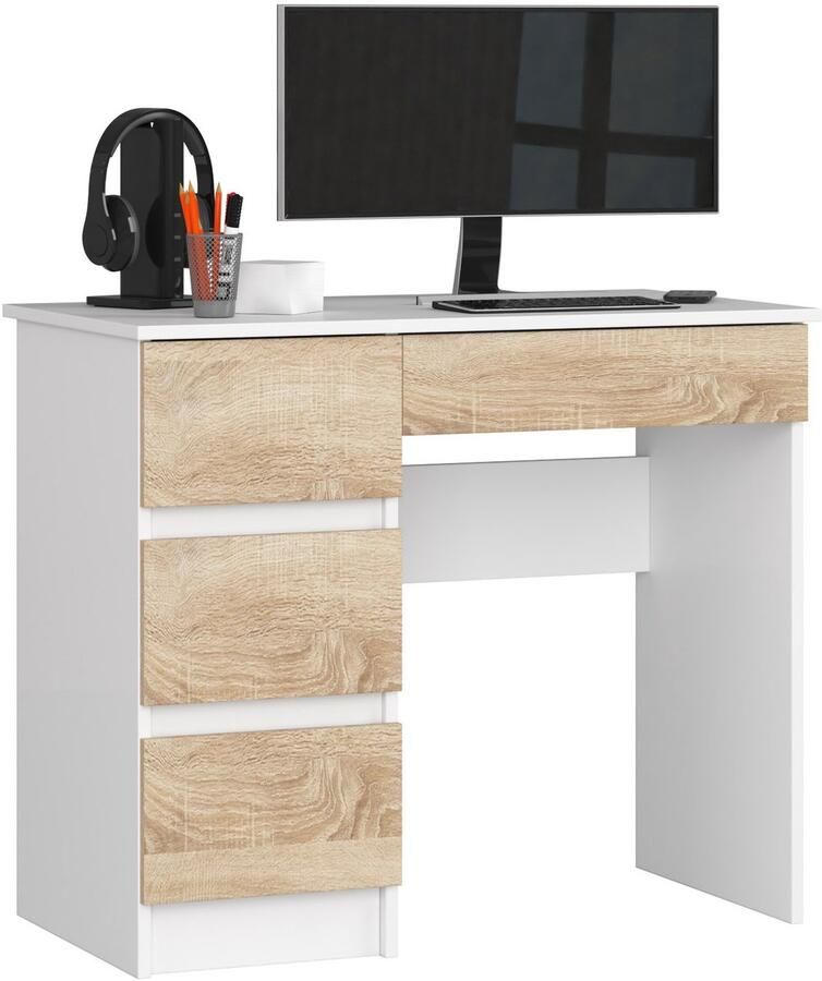 Akord Bureau Links A-7 Computerbureau Computer Tafel Bureautafel Links Wit – Sonoma Eik 90 x 77 x 50 cm