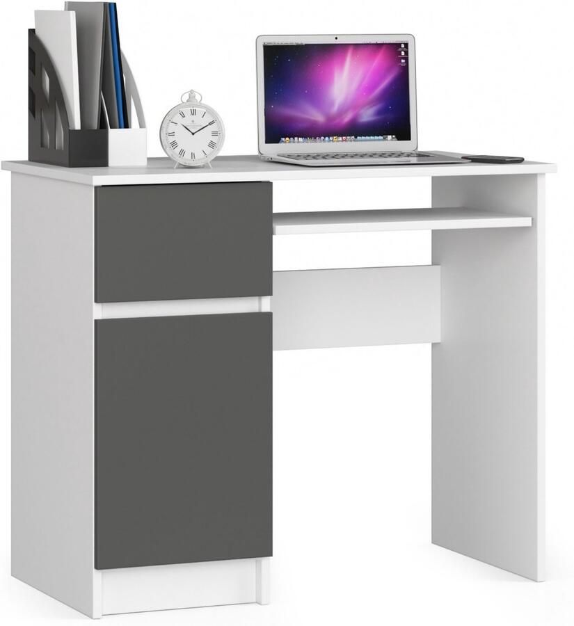 Akord Bureau Rechts PIKSEL Computerbureau Computer Tafel Bureautafel Rechts Wit Grafietgrijs 90 x 77 x 50 cm