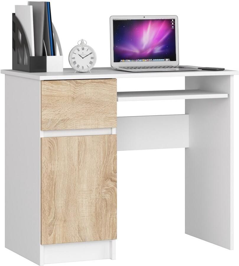 Akord Bureau Rechts PIKSEL Computerbureau Computer Tafel Bureautafel Rechts Wit – Sonoma Eik 90 x 77 x 50 cm