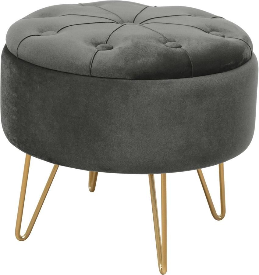 Akord Caro Gestoffeerde Ronde Poef Grafietgrijs en Goudkleurig Staal