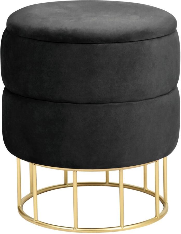 Akord Elza Zwarte Velvet Poef met Gouden Stalen Basis 37cm