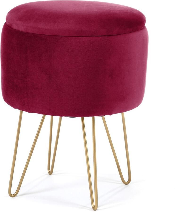 Akord Fluwelen Poef met Opbergruimte LILI Bourgondisch Rood en Gouden Stalen Onderstel Ø35cm