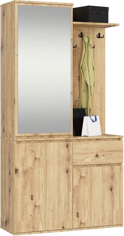 Akord Hal set met spiegel ENTRO Halmeubel met 3 Deuren en 1 Lade Hal Kast Kapstok en Schoenenkast Artisan Eik 95 x 183 x 35 cm