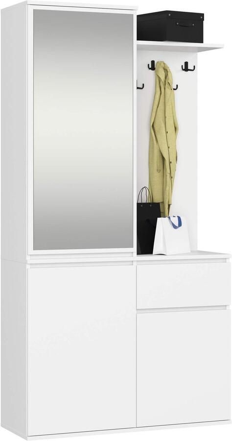 Akord Hal set met spiegel ENTRO Halmeubel met 3 Deuren en 1 Lade Hal Kast Kapstok en Schoenenkast Wit 95 x 183 x 35 cm