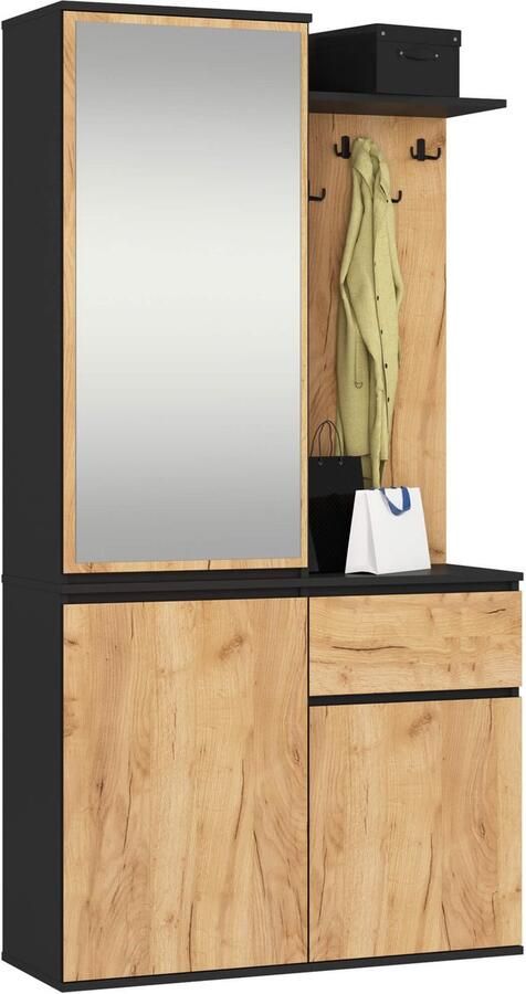 Akord Hal set met spiegel ENTRO Halmeubel met 3 Deuren en 1 Lade Hal Kast Kapstok en Schoenenkast Zwart Craft Eik 95 x 183 x 35 cm