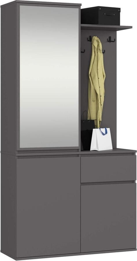 Akord Hal set met spiegel ENTRO Halmeubel met 3 Deuren en 1 Lade Hal Kast Kapstok en Schoenenkast Grafietgrijs 95 x 183 x 35 cm