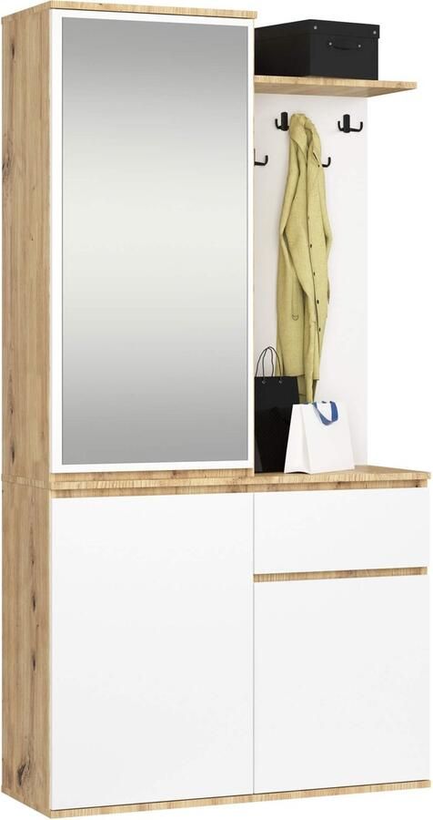 Akord Hal set met spiegel ENTRO Halmeubel met 3 Deuren en 1 Lade Hal Kast Kapstok en Schoenenkast Artisan Eik Wit 95 x 183 x 35 cm
