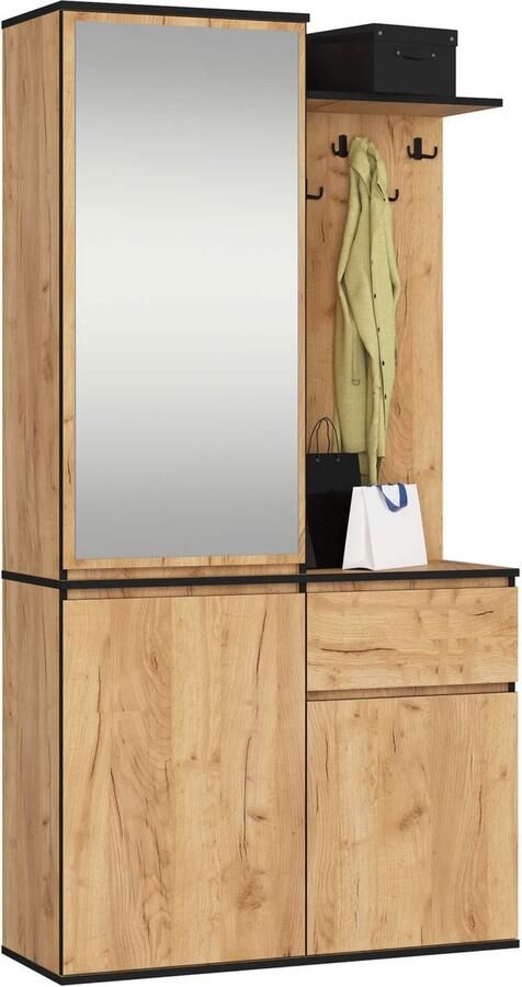 Akord Hal set met spiegel ENTRO Halmeubel met 3 Deuren en 1 Lade Hal Kast Kapstok en Schoenenkast Craft Eik 95 x 183 x 35 cm
