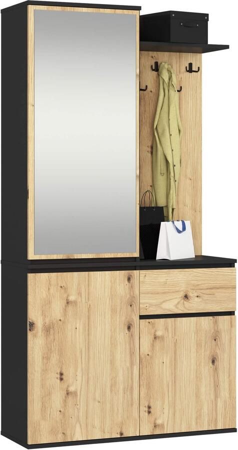 Akord Hal set met spiegel ENTRO Halmeubel met 3 Deuren en 1 Lade Hal Kast Kapstok en Schoenenkast Zwart Artisan Eik 95 x 183 x 35 cm