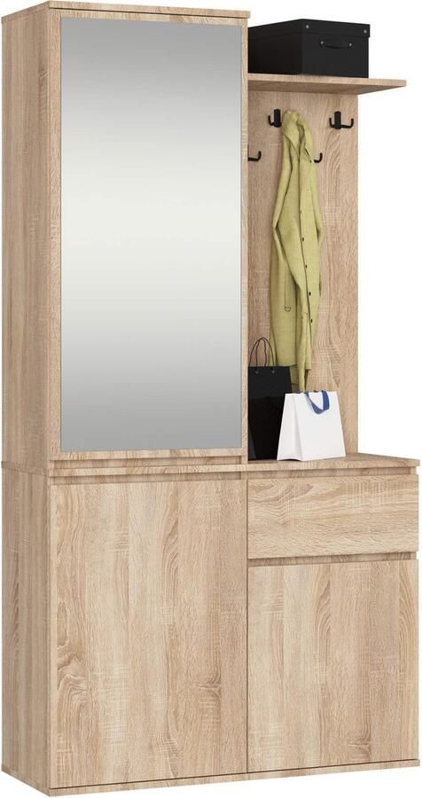 Akord Hal set met spiegel ENTRO Halmeubel met 3 Deuren en 1 Lade Hal Kast Kapstok en Schoenenkast Sonoma Eik 95 x 183 x 35 cm