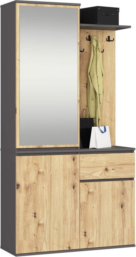 Akord Hal set met spiegel ENTRO Halmeubel met 3 Deuren en 1 Lade Hal Kast Kapstok en Schoenenkast Grafietgrijs Artisan Eik 95 x 183 x 35 cm