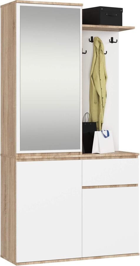 Akord Hal set met spiegel ENTRO Halmeubel met 3 Deuren en 1 Lade Hal Kast Kapstok en Schoenenkast Sonoma Eik Wit 95 x 183 x 35 cm