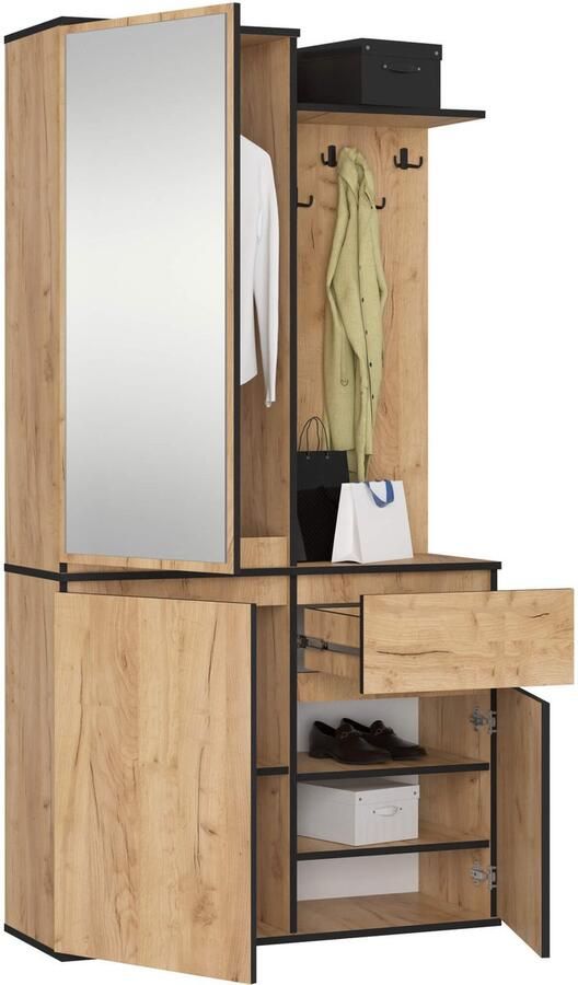 Akord Hal set met spiegel ENTRO Halmeubel met 3 Deuren en 1 Lade Hal Kast Kapstok en Schoenenkast Craft Eik 95 x 183 x 35 cm - Foto 2