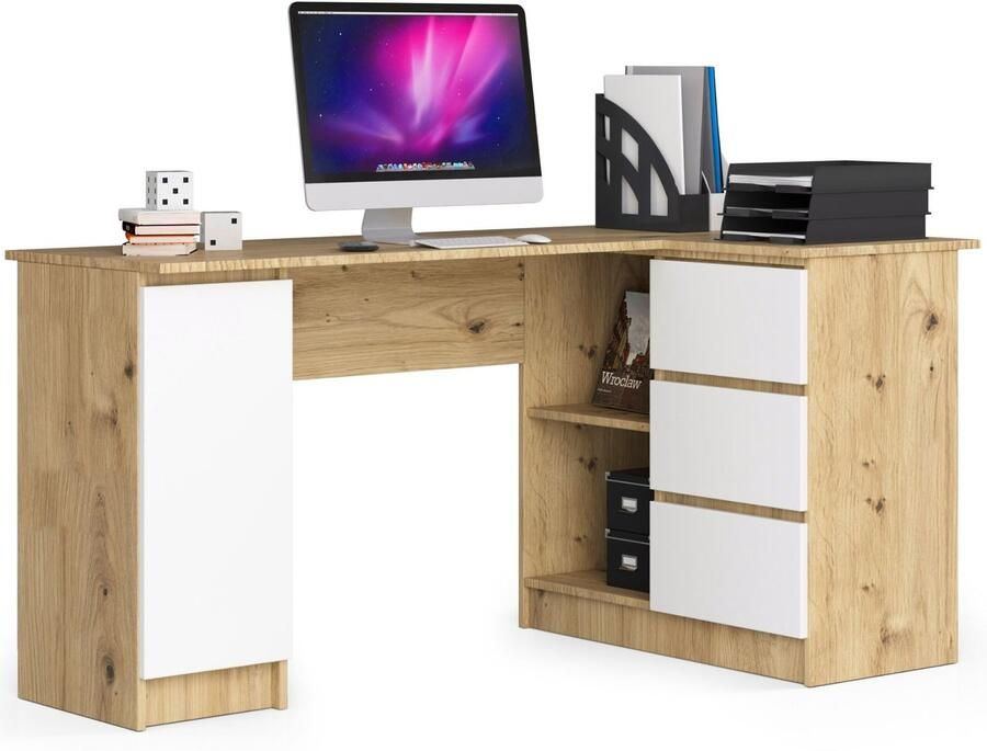 Akord Hoekbureau Rechts B20 Computerbureau Computer Tafel Bureautafel Rechts Artisan Eik Wit 155 x 77 x 85 cm