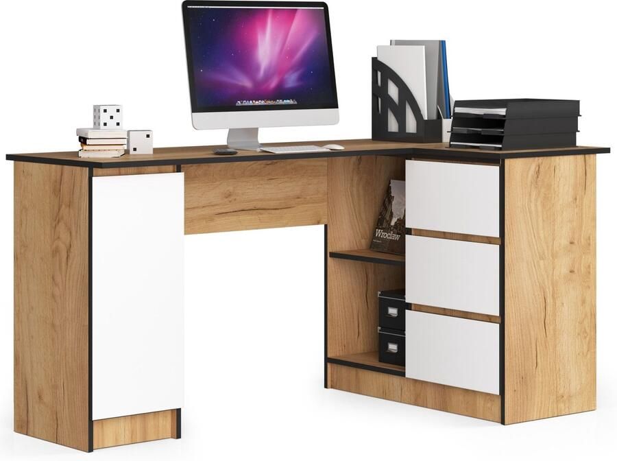 Akord Hoekbureau Rechts B20 Computerbureau Computer Tafel Bureautafel Rechts Craft Eik Wit 155 x 77 x 85 cm