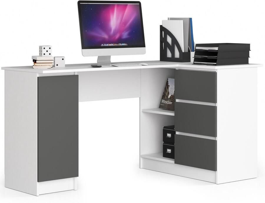 Akord Hoekbureau Rechts B20 Computerbureau Computer Tafel Bureautafel Rechts Wit Grafietgrijs 155 x 77 x 85 cm
