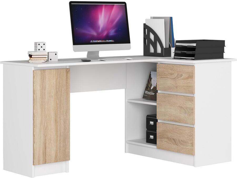 Akord Hoekbureau Rechts B20 Computerbureau Computer Tafel Bureautafel Rechts Wit – Sonoma Eik 155 x 77 x 85 cm